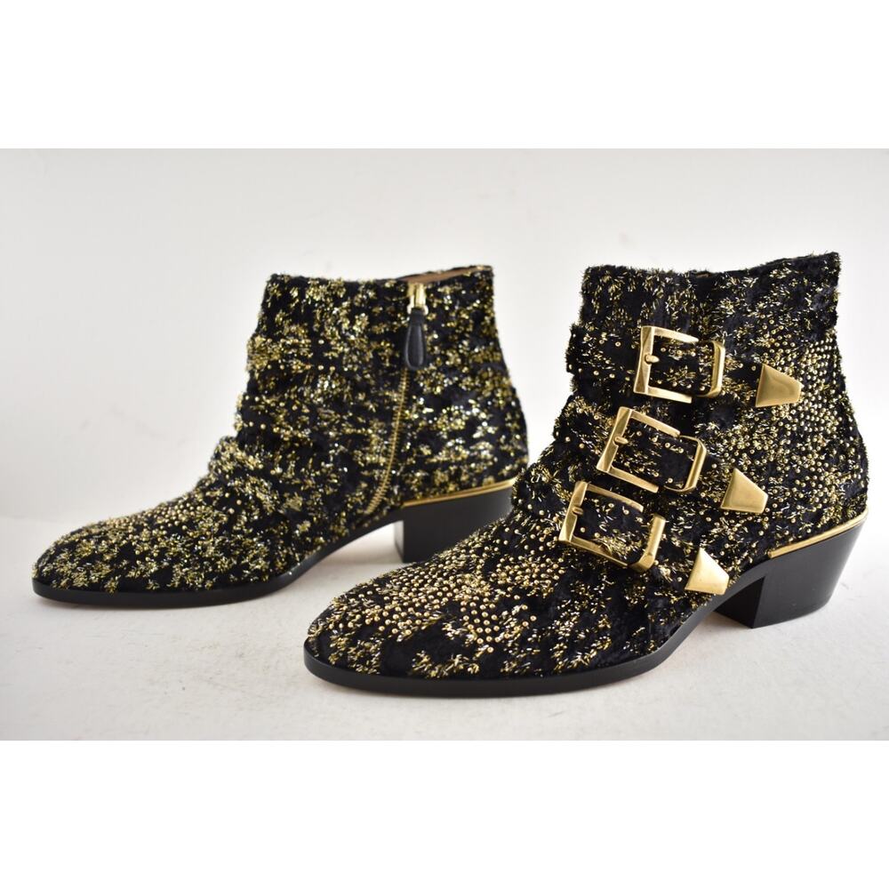 Chloe Suzanna Black Gold Velvet Coupe Studded Short Zipper Ankle Heel Bootie 37 - Picture 13 of 15